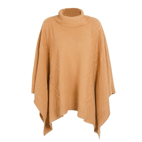 Camel Knit Cowl Neck Poncho One Size - Picture 5 of 8